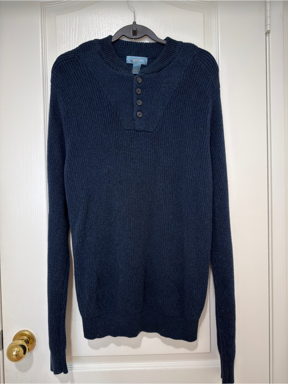 NorthCrest Classic 100% Cotton Navy Henley Knit Sweater Men's Large